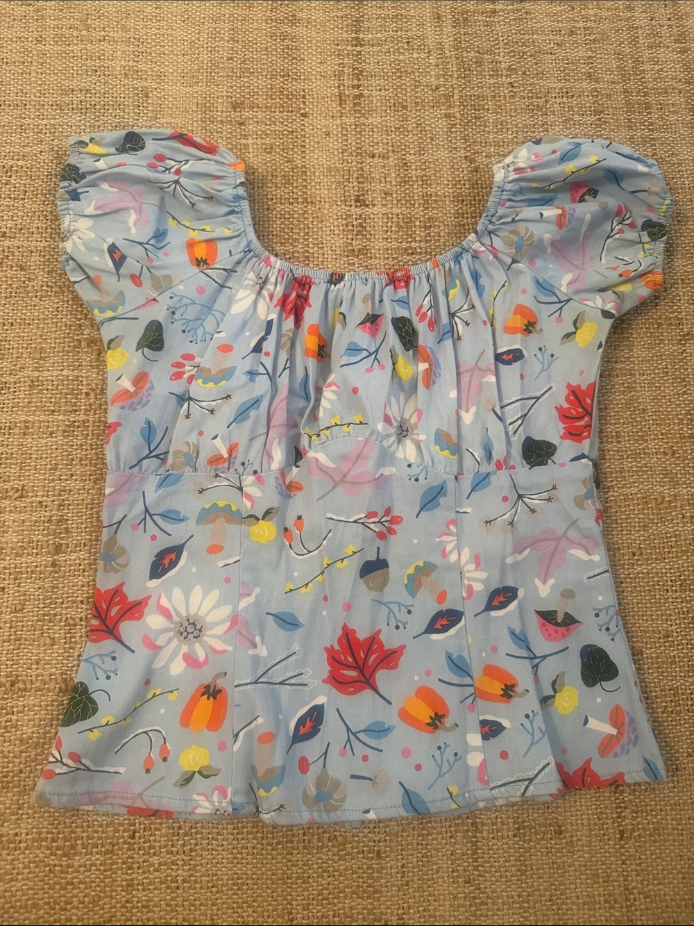 Pinup Girl Clothing Dapper Day Light Blue Floral Cap Puff-Sleeve Peasant Top M